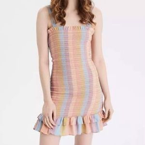 American Eagle Smocked Bodycon Mini Dress Pastel Stripes Size L